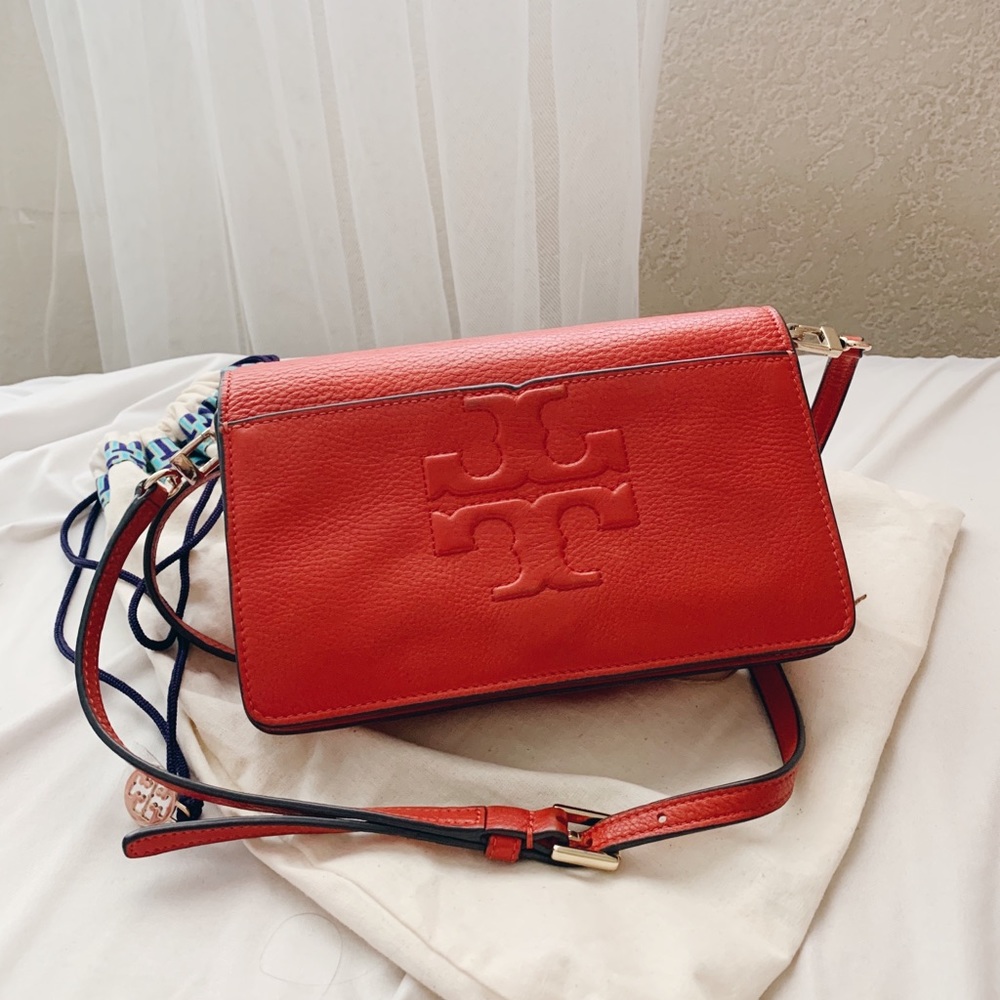 Tory Burch Orange Red Leather Wallet Crossbody Bag